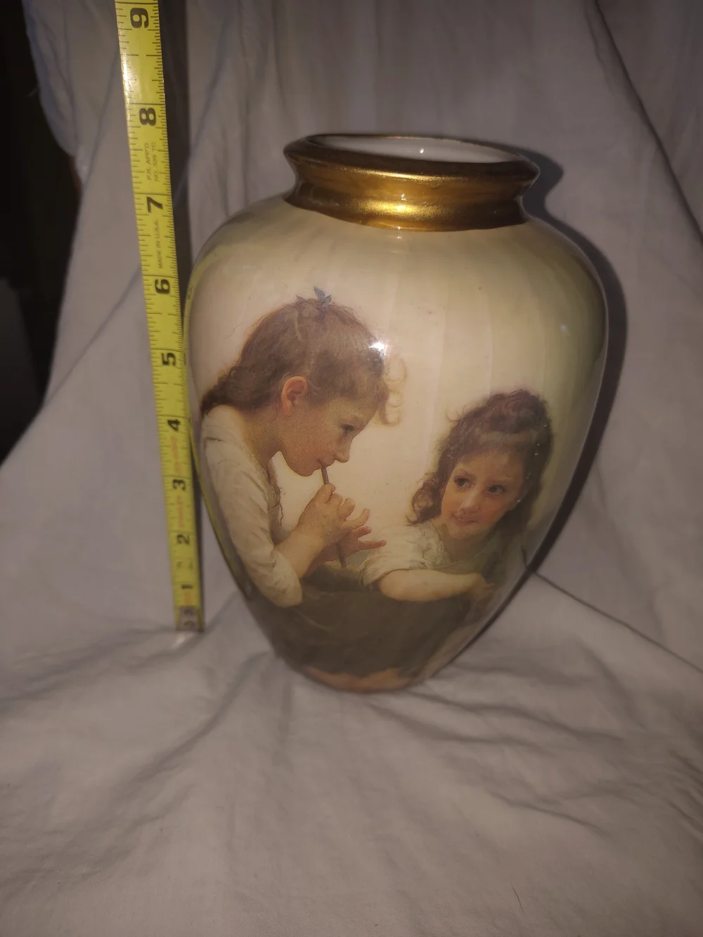 Decoupage Vase- 14kt Gold Trim, 18th Century Girls Flute Painting 8”